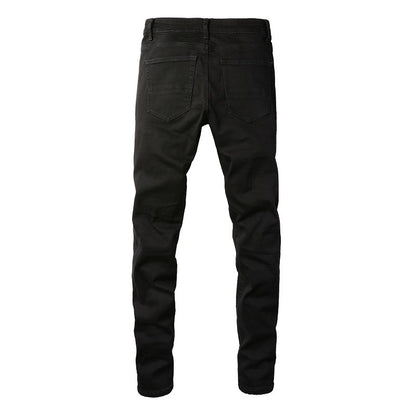 877 Trendy Brand European and American High Street Ripped Silver Patch Elastic Slim High Street Small Foot Jeans