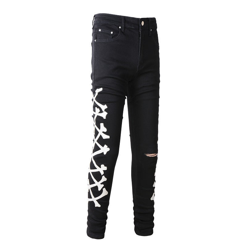 870 Trendy Jeans Ripped Bone Pattern Leather Elastic Blue Skinny Jeans