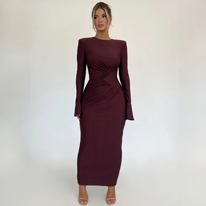 New Fashion Solid Color Round Neck Ruched Slim-Fit Long Sleeve Dress D1992950