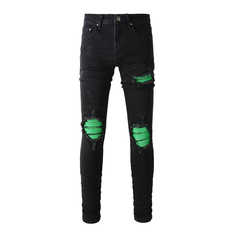 Processus de lavage de rue américain Jeans patch vert Jeans slim extensibles rétro pour hommes 