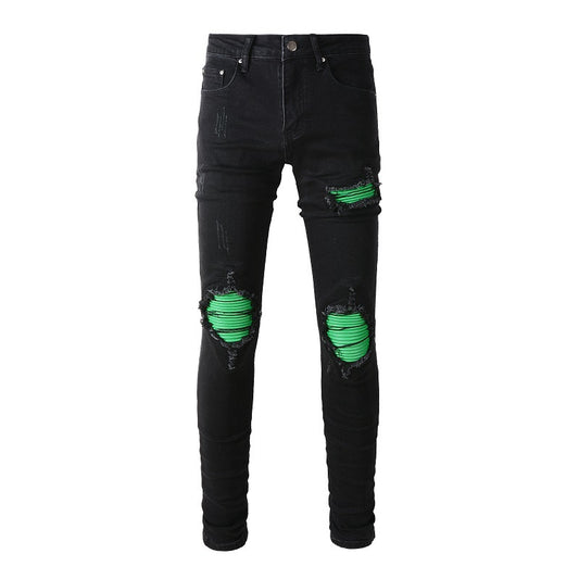 Processus de lavage de rue américain Jeans patch vert Jeans slim extensibles rétro pour hommes 