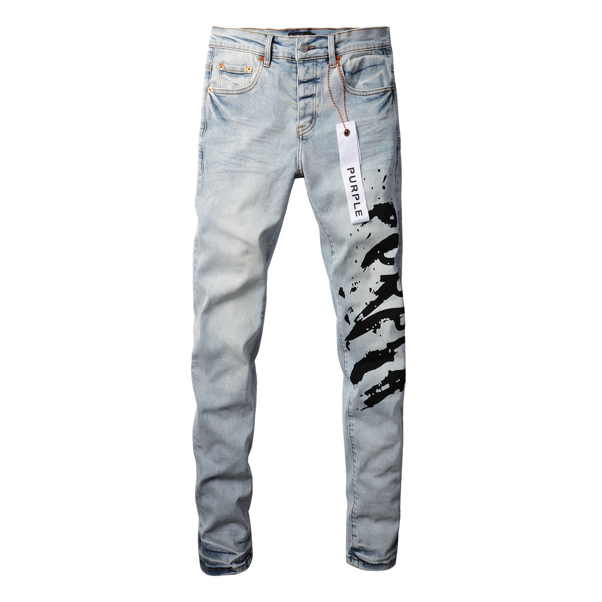 Mens Purple Skinny Jeans with Ripped Detail - Fashionable Denim Biker Pants with Patches and Printed Design Jeans Purple