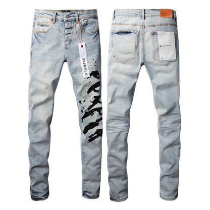 Mens Purple Skinny Jeans with Ripped Detail - Fashionable Denim Biker Pants with Patches and Printed Design Jeans Purple