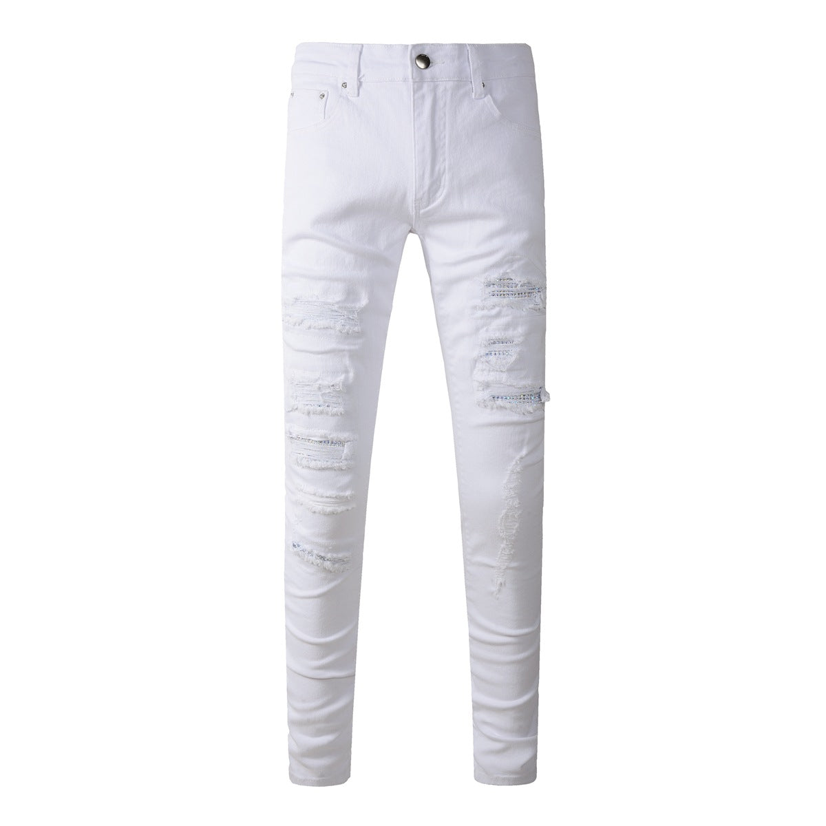 Pantalones pitillo con parches y agujeros rasgados de estilo pop para hombre, vaqueros blancos AM897C 