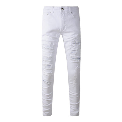 New Pop Style Ripped Holes Patchwork Skinny Mens Pants White Jeans AM897C