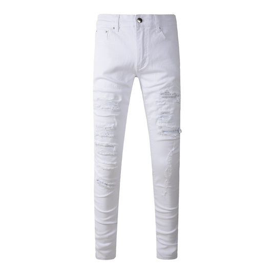 Pantalon skinny pour homme en patchwork déchiré de style pop, blanc, jean AM897C 