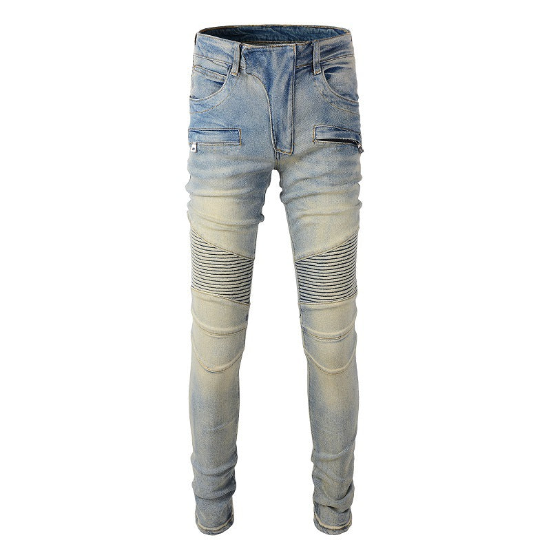 Trendy Man Personality High Street Trendy Brand Locomotive Men's Retro Old Splicing Jeans