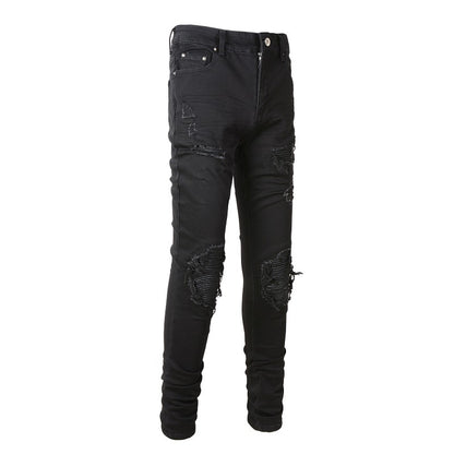 Jeans du commerce extérieur 8520 High Street Tide Brand Street Hole Patch Jeans Slim Elastic 