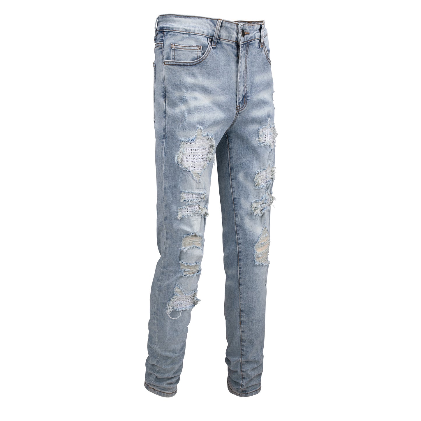 Jean slim blanc pour homme avec patchs en strass et design vieilli 