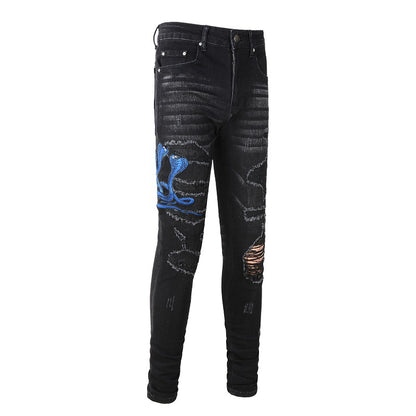 Pantalones vaqueros de talla grande personalizados para hombre con bordado de tendencia callejera, parche A, de corte pequeño, n.° 1345 