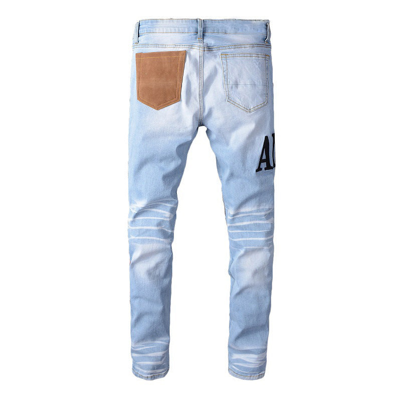 Jean à imprimé léopard brodé bleu clair de marque Tide, élastique, slim, troué, changement progressif, #614 