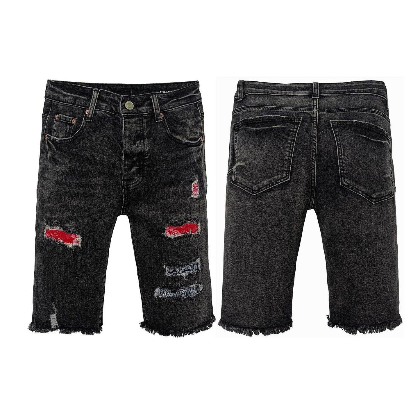 Black Distressed Denim Shorts Men - Ripped Thighs with Red & Blue Patches, Raw Frayed Hem Streetwear
