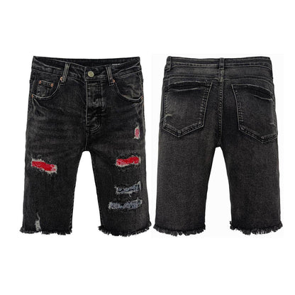 Black Distressed Denim Shorts Men - Ripped Thighs with Red & Blue Patches, Raw Frayed Hem Streetwear