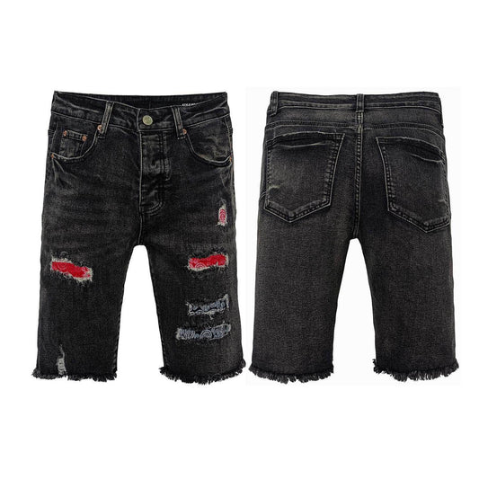 Black Distressed Denim Shorts Men - Ripped Thighs with Red & Blue Patches, Raw Frayed Hem Streetwear