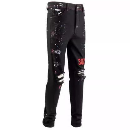 Slim Fit Straight-Leg Jeans with Ripped, Embroidery, and Paint Details for Street Style