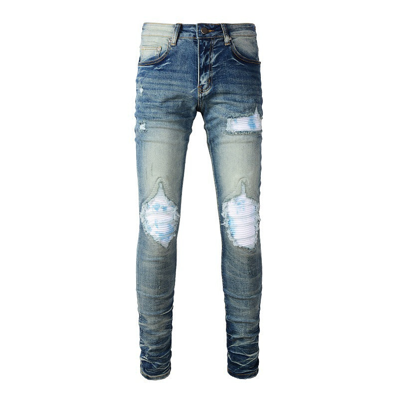 Jean bleu tendance pour homme avec patchs blancs et design extensible déchiré 