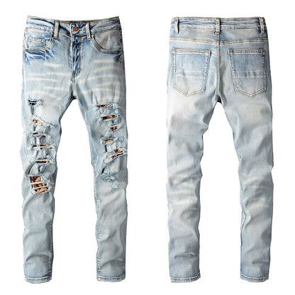 810 Jeans Slim Fit Cross-border High Street Jeans pour hommes de marque tendance déchirés avec patch léopard 