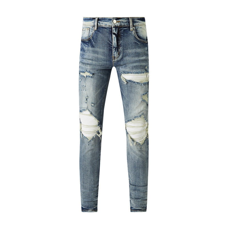 Light Blue Distressed Jeans with Washed Effect and Stylish Rips