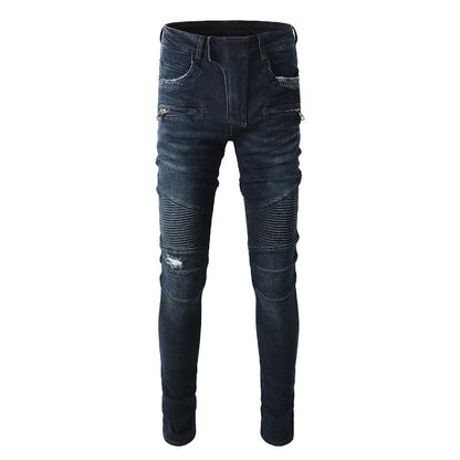 Dark Blue Trendy Multi-pocket Slim-fit Stretch Locomotive High Street Small-footed Jeans #1099