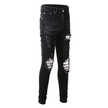 High Street Trendy Black Ripped Patch Jeans Stretch Slim High Street Jeans #849