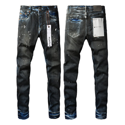 Jean skinny violet pour homme avec détails déchirés - Pantalon biker en denim tendance avec patchs et motif imprimé 