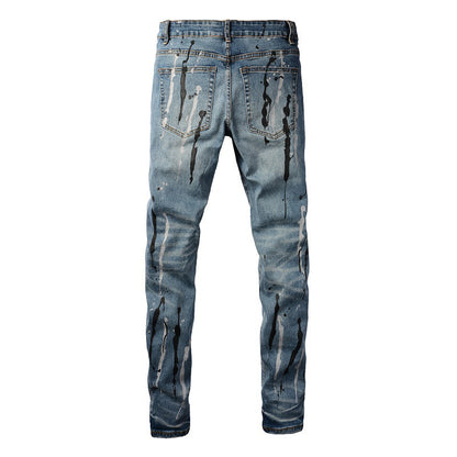 Jeans tendance mode Graffiti Flow Ink Jeans déchirés Stretch Slim Denim #6907 