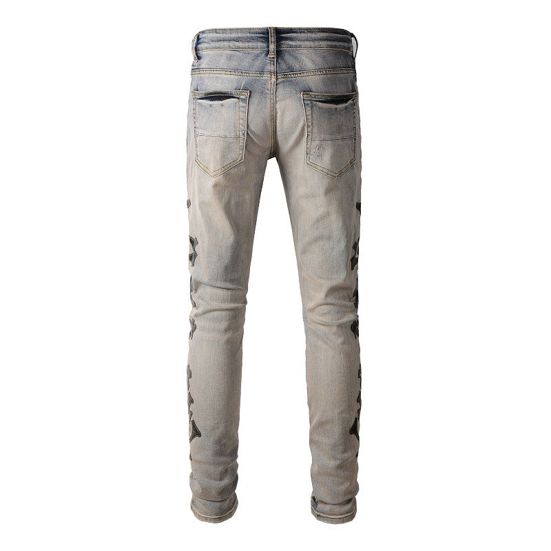 871 Trendy Jeans, Ripped Embroidered Bones, Skin Stickers, Elastic, Slim-fitting Small-footed Jeans