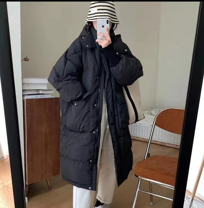 Veste à capuche en duvet de canard blanc pour vêtements d'extérieur pour femmes, longueur genou, vêtements d'extérieur amples et épais