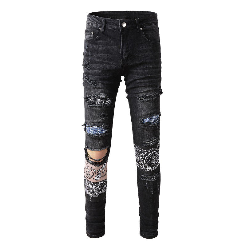 Pantalon slim élastique à motif de patch de jeans déchirés de la rue européenne et américaine #864 