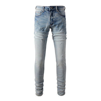 6602 Jeans High Street de marque tendance européenne et américaine I Jeans bleu clair pour hommes Version coréenne 