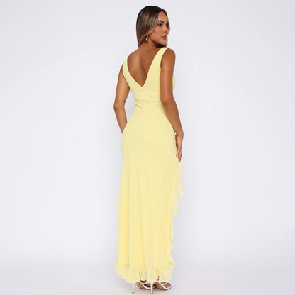 New Fashion V-Neck Sleeveless Ruffled Backless Slit Dress D1993400