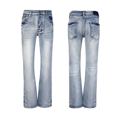 Men's Light Blue Flare Jeans - Vintage Whisker Wash Denim with Classic Bootcut Fit