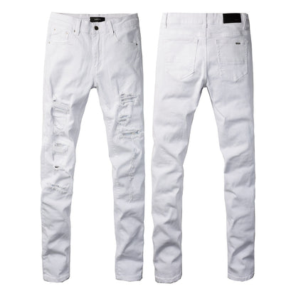 Pantalones pitillo con parches y agujeros rasgados de estilo pop para hombre, vaqueros blancos AM897C 