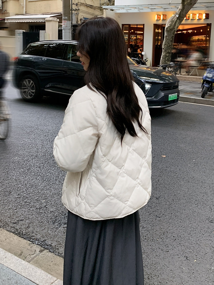 Doudoune à carreaux en losanges sans col légère et fine pour femme à col rond en duvet de canard blanc