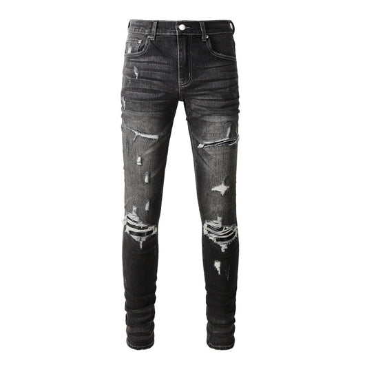 Pantalones vaqueros rasgados de High Street para hombre con parches de parches y estrellas, elásticos, ajustados, tipo lápiz, 8829