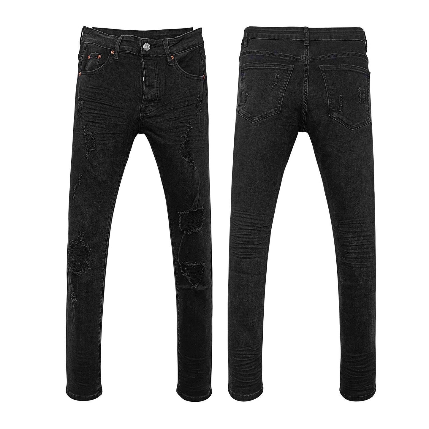 Black High Waisted Flare Jeans with Stacked Rips and Faded Whiskering - Retro Wide Leg Denim