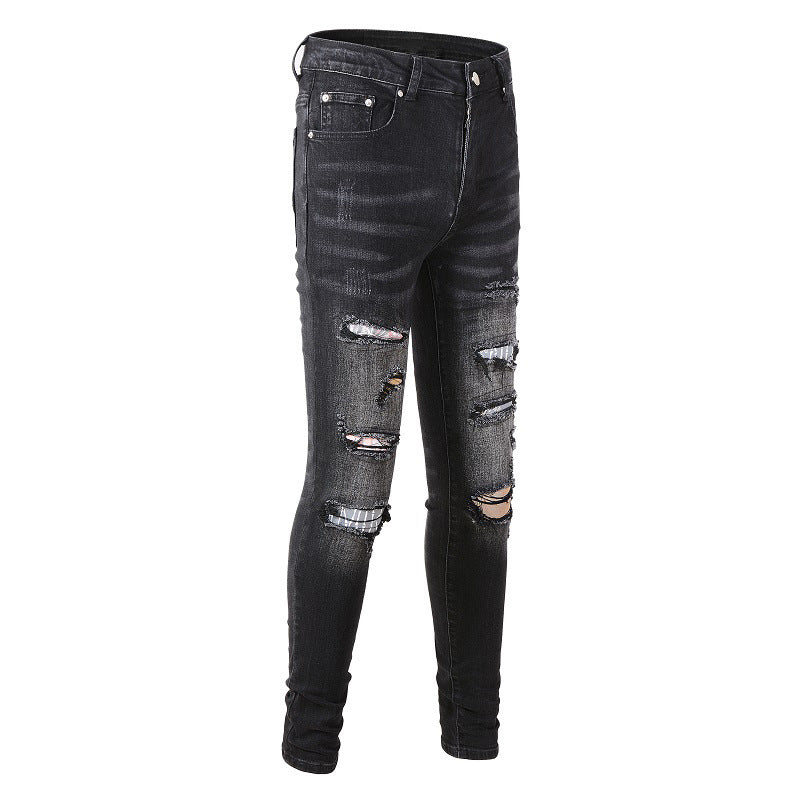 Jean skinny déchiré en coton micro-élastique pour jeunes, imprimé sac à dos avec éclaboussures de peinture noire #859 