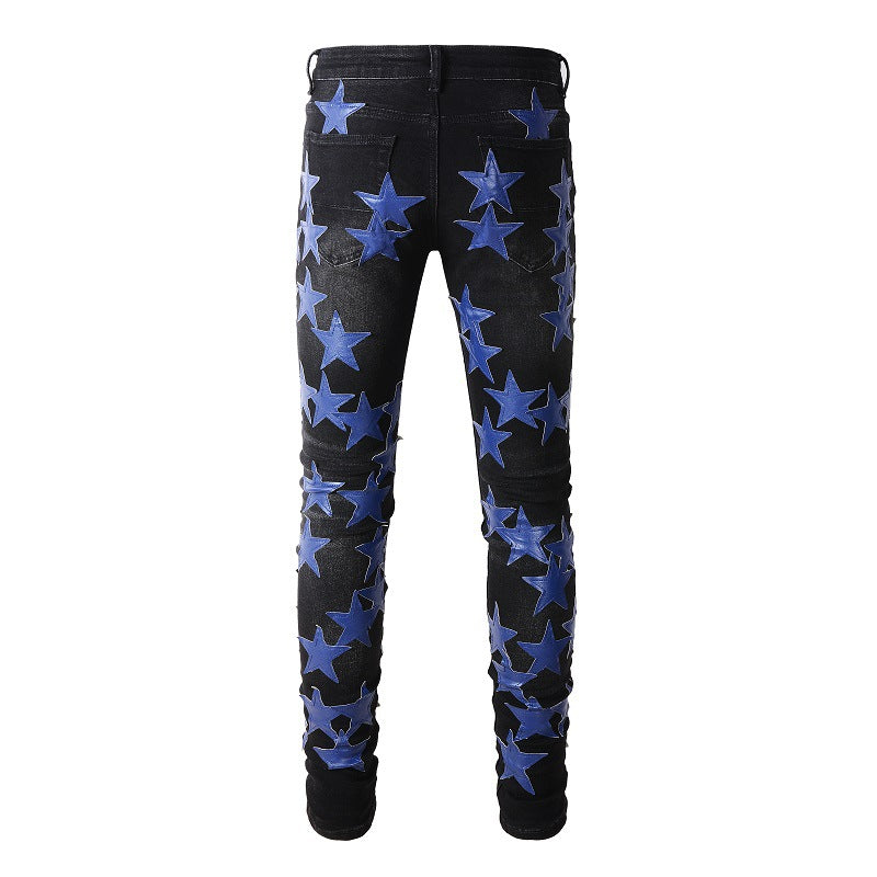 Vaqueros High Street Slim Stretch de High Craft con diseño de estrellas en azul oscuro y cuero de High Street n.° 890 