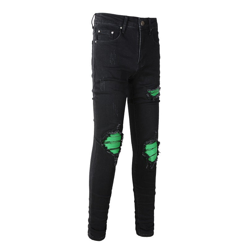 Processus de lavage de rue américain Jeans patch vert Jeans slim extensibles rétro pour hommes 