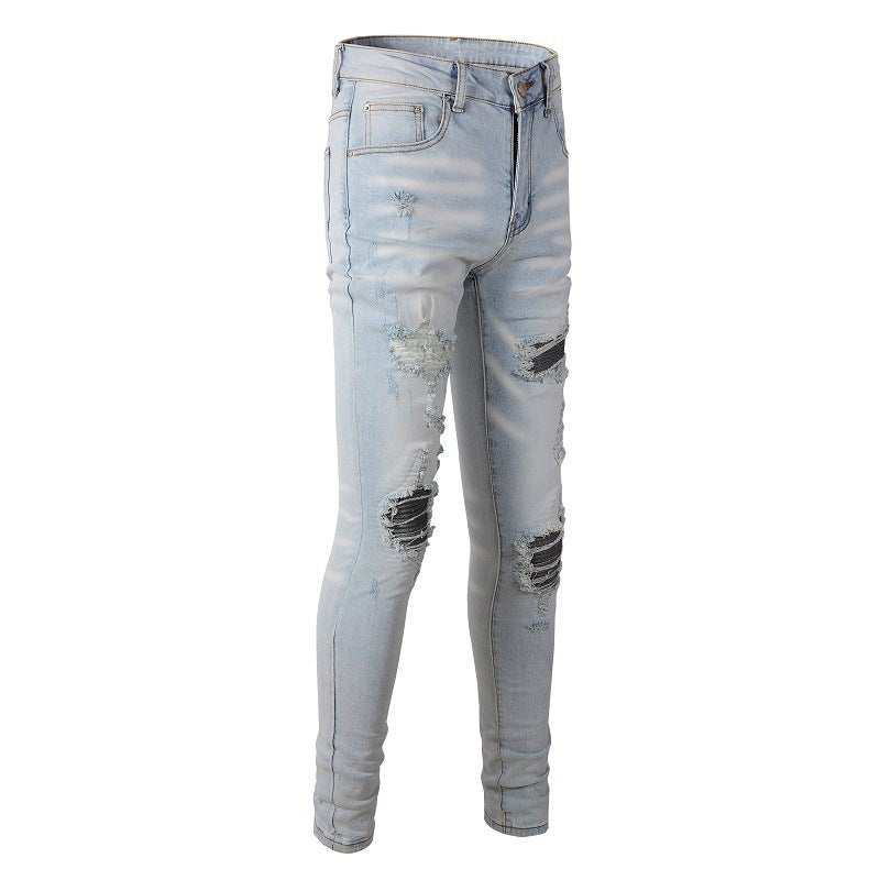 Jean slim déchiré bleu clair avec patch brodé et patch floral pour homme 