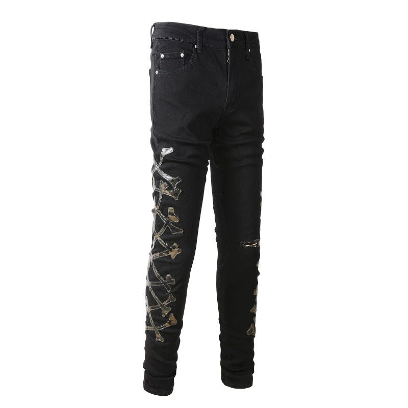 Jeans tendance européens et américains déchirés avec motif camouflage en cuir, jeans skinny #842 