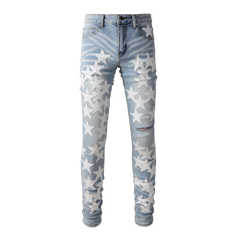 690 High Street Sticky White Star Trend Jeans High Craft Slim-Fit élastique Small Foot Jeans 