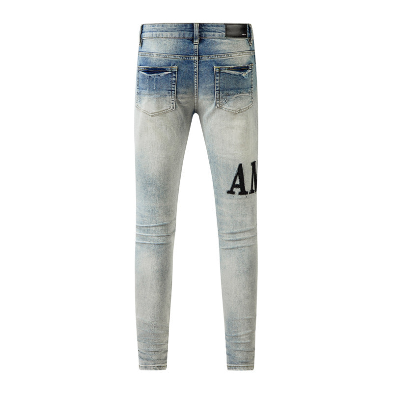 Jeans Moda para hombre Jean 2023 Demin High Amiirii Street Lavado desgastado Parches Letras parcheadas Negro 