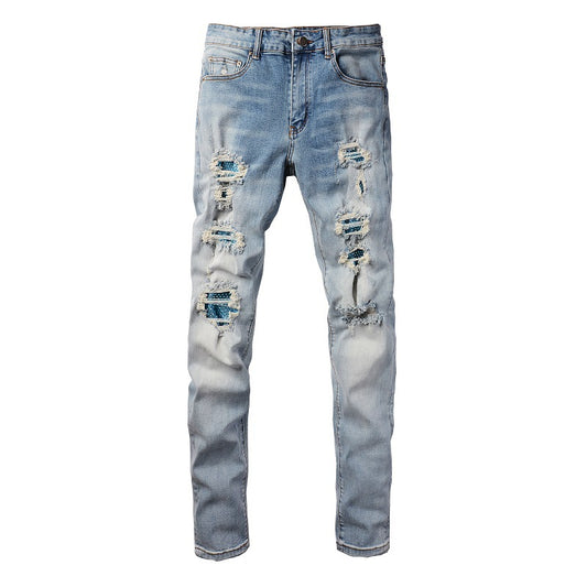 Jeans ajustados elásticos con parches High Street rotos y rotos de Blue Diamond Hot Diamond de Cross-border 