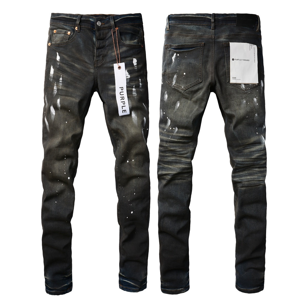 Pantalones vaqueros morados rotos para hombre: elegantes pantalones de mezclilla de calle con pintura negra y corte ajustado 