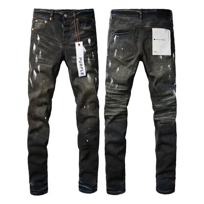 Pantalones vaqueros morados rotos para hombre: elegantes pantalones de mezclilla de calle con pintura negra y corte ajustado 