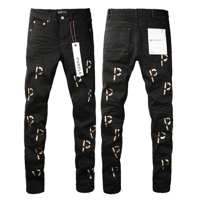 New Black Letter Printing Vintage Personality Fashion Ripped Jeans 9008