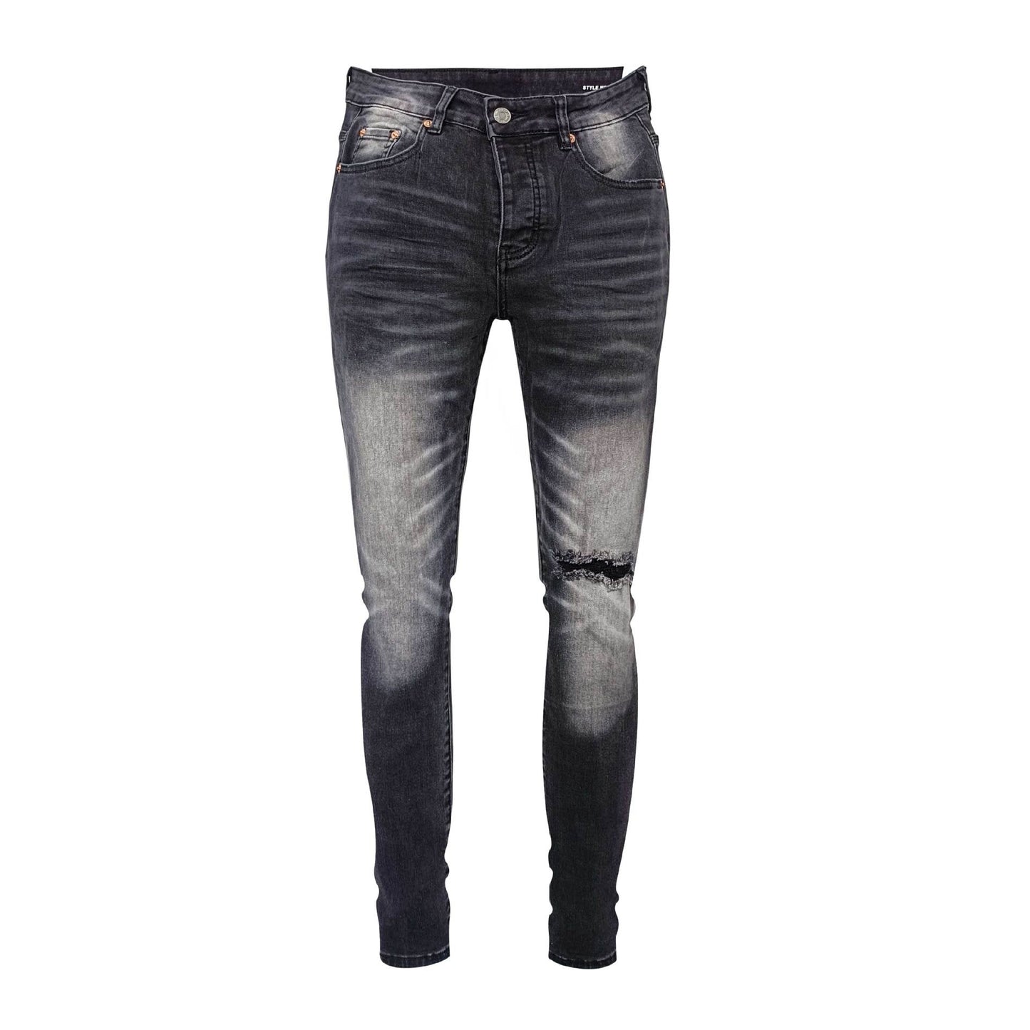 Men's Heavy Washed Charcoal Black Slim Jeans - Distressed Denim with Knee Rips & Bold Whiskers