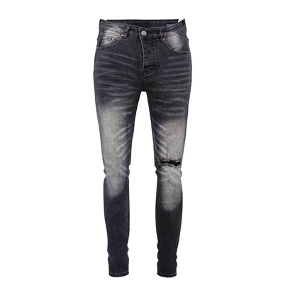 Men's Heavy Washed Charcoal Black Slim Jeans - Distressed Denim with Knee Rips & Bold Whiskers