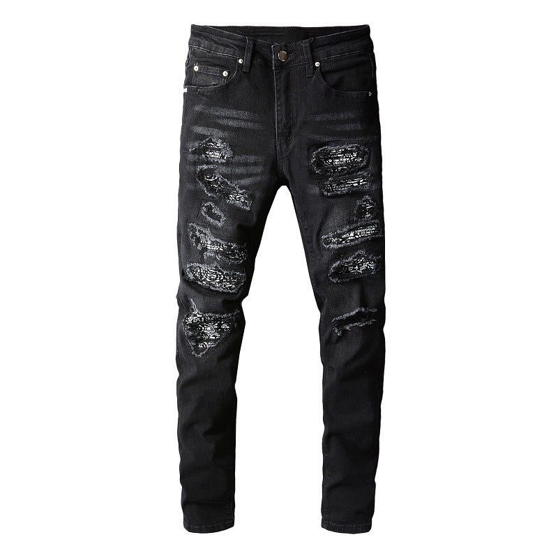 669 Jeans negros High Street de estilo europeo y americano para hombre, de estilo urbano, con múltiples parches y pies pequeños 